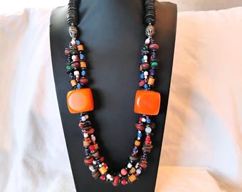 Vtg Berber Tribal Moroccan Faux Amber & Mix Gemstone Wood Disc Bead Necklace