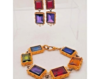 Vintage Mish Tworkowski Jewelry Set Gripoix Set in Gold Tone Bracelet Earrings