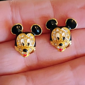 Vintage Disney Mickey Mouse Enamel Rhinestone Gold Tone Pierced Stud Earrings image 1