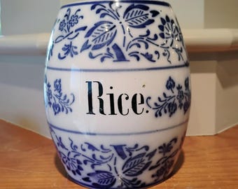 Antyczny niemiecki pojemnik z kamionki VTG z ryżem i niebieską cebulą, porcelanowy, bez pokrywki