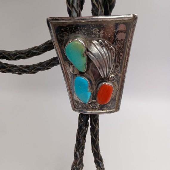 Vintage Bennett Bolo Tie Turquoise Coral Sterling… - image 2