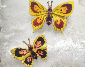 Vintage Czechoslovakia Enamel Rhinestone Butterfly Brooch Set Yellow Orange