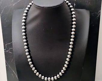 Native American Silver Navajo Pearl Bead Necklace 8mm 20" Long 31 grams