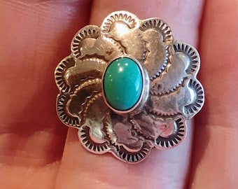 Vtg Native Navajo Old Pawn Sterling Silver Turquoise Concho Swirl Ring Size 6
