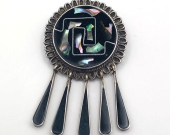 Vintage Taxco Mexico Inlaid Abalone Onyx 925 Sterling Silver Brooch Pin Dangling