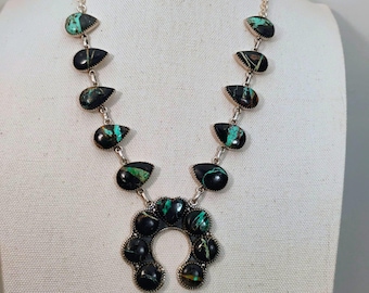 Southwest Sterling Silver Blackjack Turquoise Naja Squash Blossom Necklace