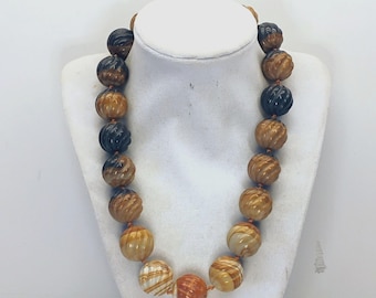 Carved Swirl Melon Banded Agate Bead Necklace Huge 20mm Beads Designer Signed