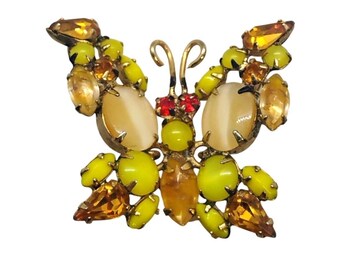 Vtg Unsigned Schreiner Butterfly Trembler Brooch Yellow Orange Rhinestone
