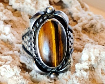 Vtg Signed F.A.A. Sterling Silver Tiger's Eye Ring Size 12 Mens Unisex Statement