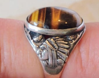 Native Indian Chief Headdress Ring Sterling Silver Tiger's Eye Size 4 3/4