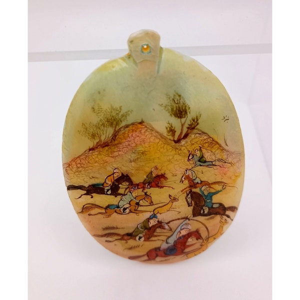 VTG Persian Painted Mother of Pearl Storyteller Pendant Horses Hunt Battle Oval