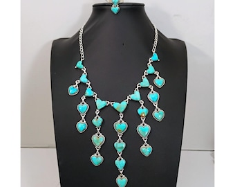 Campitos Turquoise Sterling Silver Heart Bib Necklace & Adjustable Ring Set