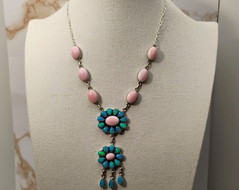 Southwest Sterling Silver Pink Conch Blue Opal Lariat Dangle Necklace