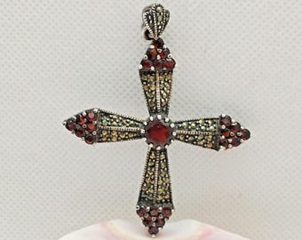 Large Vtg 925 Sterling Silver Bohemian Garnet Marcasite Cross Pendant 2 1/2"
