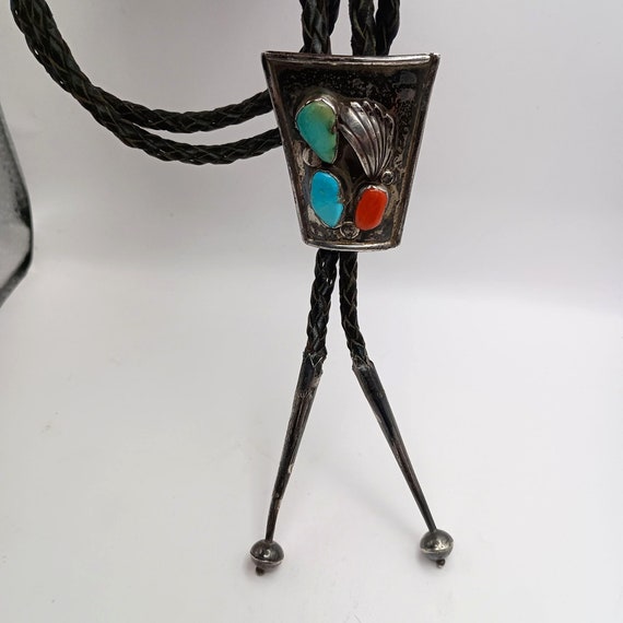 Vintage Bennett Bolo Tie Turquoise Coral Sterling… - image 1