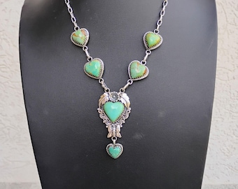 Turquoise Heart Stone Sterling Silver Lariat Necklace Butterfly Flower Southwest