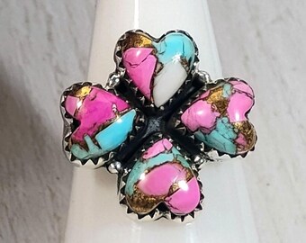 Sterling Silver Cotton Candy Turquoise Heart Clover Cluster Ring Adjustable