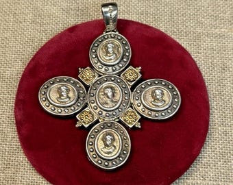 Tagliamonte Sterling Silver & 14K Cross Pendant Orthodox Style Cameo 2 1/2"