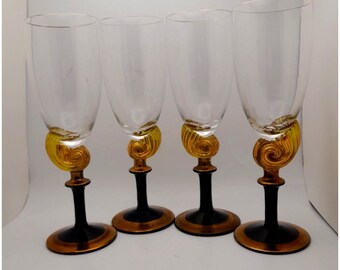 Art Glass Nautilus Sea Shell Champagne Wine Glasses Goblets Signed Set of 4