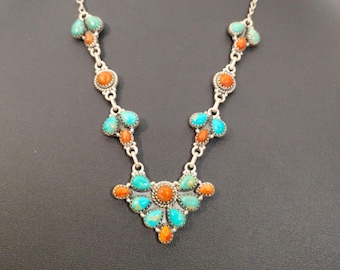 Southwest Turquoise & Orange Coral Sterling Silver Station Pendant Necklace