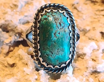 Vtg Signed Navajo Sterling Silver Green Aqua Rough Turquoise Ring Sz 8.5 Unisex
