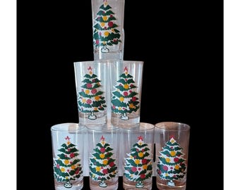 VTG Handgemalter Weihnachtsbaum Trinkglas Set mit 7 Wasserbecher Bund