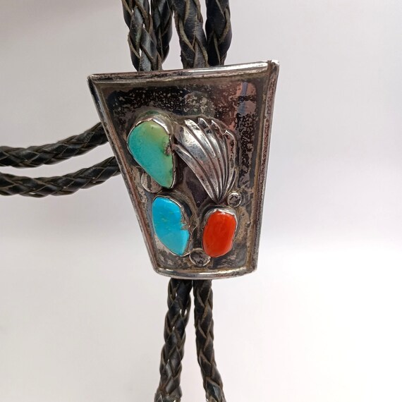 Vintage Bennett Bolo Tie Turquoise Coral Sterling… - image 3