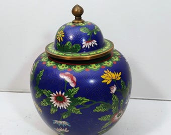 Vtg 8" Tall Cobalt Blue Floral Cloisonne Lidded Ginger Jar or Urn Made in China