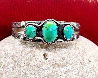 OLD Vtg Native American Navajo 3-Stone Royston Turquoise Stamped Silver Bracelet