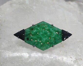 Art Deco Green Peking Glass Brooch w/Black Corner Accents Diamond Shaped