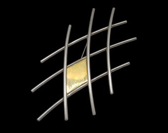 Modernist Israel Artist Signed Stacy Givon 925 Sterling Silver & Gold Brooch