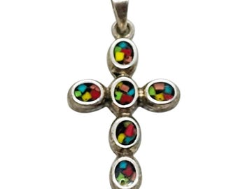 Vtg Mexico 925 Sterling Silver Inlay Black Onyx Mosaic Stone Cross Pendant