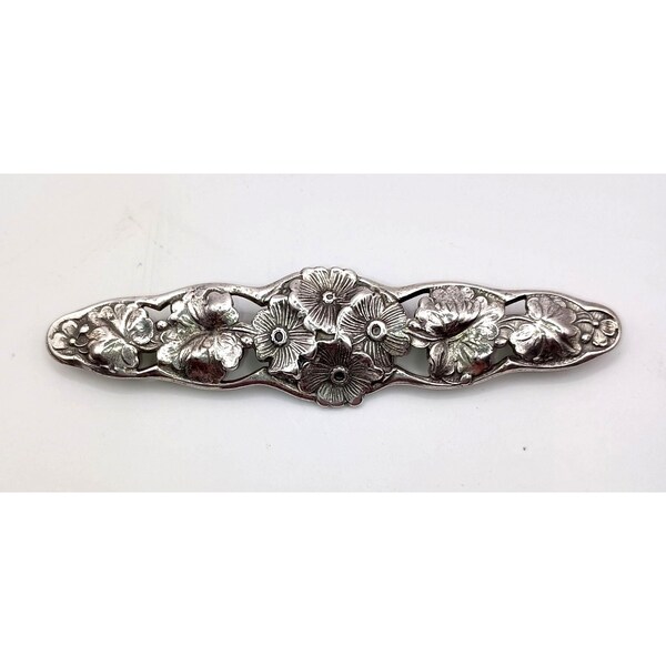 Vintage Edwardian Estate Silver Floral Bar Brooch Elongated Pansy Leaf Pin 3"