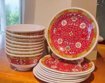 Vtg Tar-Hong Melamine Chinese Longevity Restaurant Ware Set 8 Each Bowls Plates