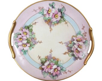 Antique 1930s Gold Rim Handle Hand Painted Wild Rose Plate 9.5" Tray Platter