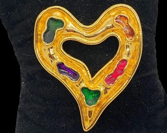 1980s Edouard Rambaud Paris Gold Plate Gripoix Glass Heart Brooch Pin Runway