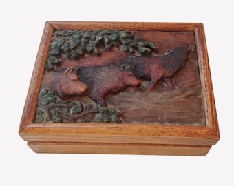 Hand Carved Wood Wild Boar Cigar Dresser Box Signed Stuart Bond Big Sky Carvers