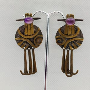 Vtg Modern Brutalist Earrings Sterling Silver Brass Dangle w/Amethyst Stone