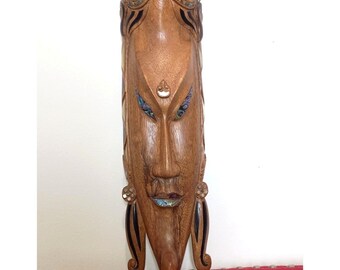 Vintage Hand Carved Woman Wood Mask Inlaid Abalone Mother of Pearl Seashell Large Unique Rare