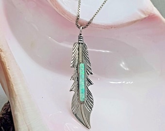 Native Zuni Signed Barney Sterling Silver Opal Inlay Feather Pendant Necklace
