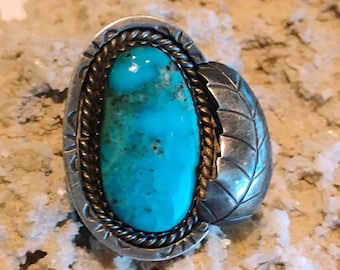 Vtg Signed RC Navajo Old Pawn Morenci Turquoise Sterling Silver Ring Size 8.5