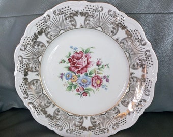 Ancienne assiette à dîner bouquet de fleurs Bavière couronne F, bord de défilement or 25 cm, allemand