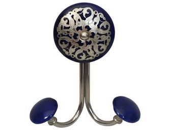 Vintage Silver Filigree Overlay Cobalt Blue Ceramic Double Wall Hanging Hook