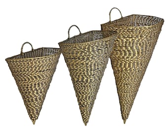 Vtg MCM Set of 3 Gold Metal Wire Wall Decor Basket Vases Graduated Size