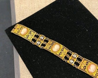 Vtg Gold Vermeil Plated 800 Silver Filigree Shell Cameo Link Bracelet 7"
