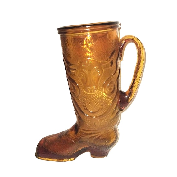 Amber Glass Boot Drinking Glass W/ Handle Bull & Horseshoe Etsy