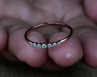 7 Diamond Wedding Band, 14k 18k Solid Gold, Dainty Simple Women Ring, Stackable Rings Band, Rose/White/Yellow Gold,Thin Minimalist Ring