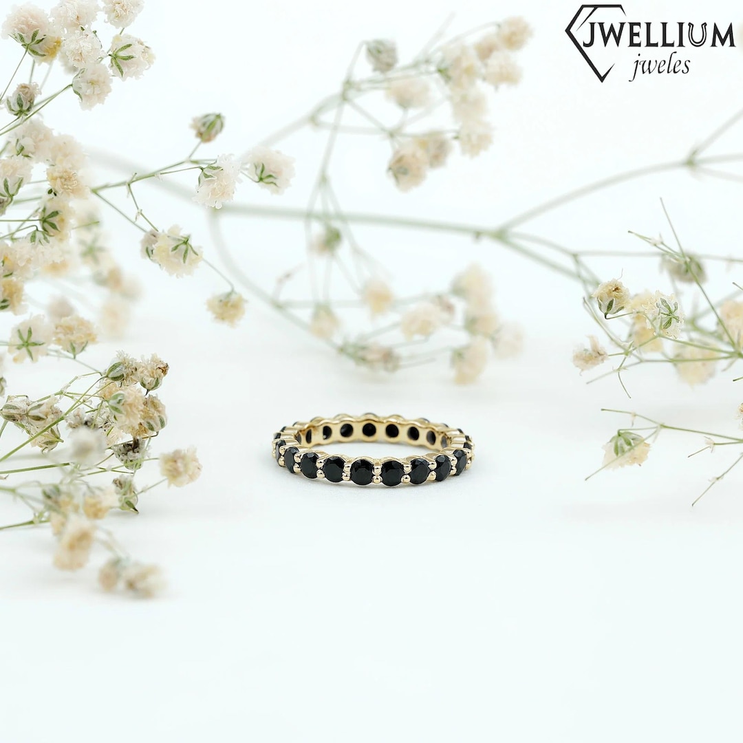 14k Gold Black Diamond Eternity Band, 3mm Round Cut Stacking Ring - Etsy