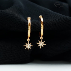Diamond Star Hoop Earrings, Huggie Hoops Earrings, 14k Solid Gold Star Drop Hoops, Star Dangle Hoops Earrings, Celestial Earrings