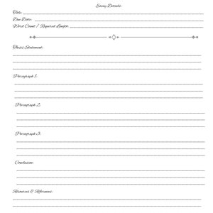 May include: A black and white printable essay outline plan with the title "Essay Outline Plan" and the text "Essay Details:" in the upper right corner. The outline includes sections for title, due date, word count, thesis statement, paragraph 1, paragraph 2, paragraph 3, conclusion, and resources and references.